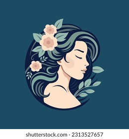 beautiful art nouveau lady with nice hair and flower illustration