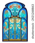 Beautiful Art Nouveau stained glass window. Luxury interior. Template for design, wallpaper, background, decoration. Architecture in Western Europe. Vector drawing. Jugendstil architecture style.