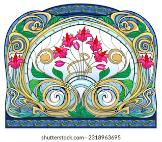 Beautiful Art Nouveau stained glass window. Exclusive offer for luxury interior. Jugendstil architectural style. Template for design, wallpaper, background. Architecture in Western Europe.