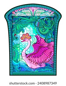 Beautiful Art Nouveau stained glass window with fairy tale swan. Luxury interior. Template for design, wallpaper, background, decoration. Architecture in Western Europe. Flat vector drawing.