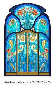 Beautiful Art Nouveau stained glass window. Luxury interior. Template for design, wallpaper, background, decoration. Architecture in Western Europe. Vector drawing. Jugendstil architecture style.