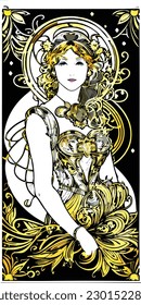 The beautiful art nouveau women in black and golden floral theme.