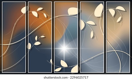 Bonito panel de arte de cinco imágenes en marcos finos blancos. Ramas curvadas lisas con hojas y un destello de luz sobre el fondo de líneas onduladas entrelazadas y colores mezclados. Vector.