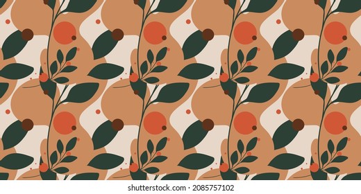Un hermoso patrón artístico sin fisuras con hojas y formas abstractas. Adecuado para papeles pintados, fondos, texturas superficiales, textiles, telas, mobiliario doméstico y otros usuarios.