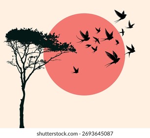 Hermoso árbol de arte con diseño de pared de pájaro