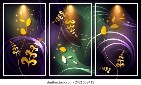 Beautiful art triptych. Flashes of light, intertwining wavy golden branches with leaves against a backdrop of overlapping abstract shapes and mixing of colors. Vector.