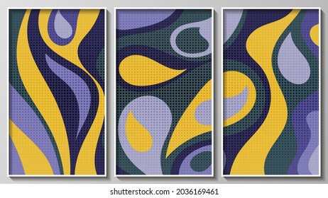beautiful art triptych. three images in white frames. overlapping multi-colored flowing and wavy shapes on canvas. vector 