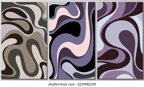 Beautiful art triptych.Overlapping wavy shapes.Three monochrome abstract images.A beautiful panel for interior decoration, corporate designs, blogs, postcards, posters and your other projects.Vector.