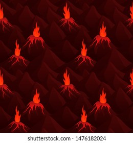 Beautiful art with vector dark seamless pattern with erupting volcanoes