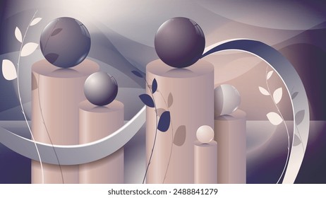 Beautiful art wallpaper with 3D effect. Shiny balls on cylinders, twisted ribbon and smoothly curved branches with leaves in an abstract spotted space. Author's work. Vector.