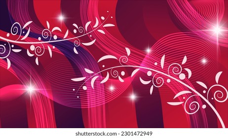 Beautiful art wallpaper in crimson tones. White smoothly curved branches with leaves, flashes of light and intertwining lines against the background of a wavy striped surface. Vector.