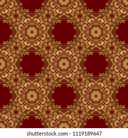 Beautiful artdeco template with elements in gold gradient. Art deco style, trendy vintage design element. Golden abstract geometric seamless pattern. Vector gold grill on a red background.