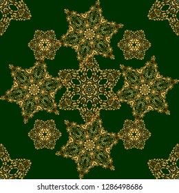 Beautiful artdeco template with elements in gold gradient. Golden abstract geometric seamless pattern. Art deco style, trendy vintage design element. Vector gold grill on a green background.