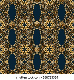 Beautiful artdeco template with elements in gold gradient. Golden abstract geometric seamless pattern. Vector gold grill on a blue background. Art deco style, trendy vintage design element.