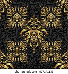 Beautiful artdeco template with elements in gold gradient. Golden abstract geometric seamless pattern. Vector gold grill on a black background. Art deco style, trendy vintage design element.