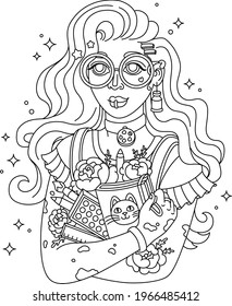 Beautiful artist girl with long hair holds her art supplies, notebook, paints, pencils. Cute illustration for a coloring book. Line picture for colouring.