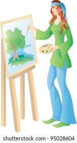 Beautiful artist is painting a picture of bright summer landscape. Eps 10