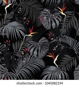 Beautiful artistic dark summer night tropical pattern with exotic forest. Bright and Colorful original stylish floral background print, bright forest flower on black 