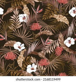 Hermoso patrón artístico oscuro tropical con bosque exótico original. Elegante huella de fondo floral, exótica aislada en un fondo oscuro.
