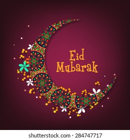 Beautiful artistic floral pattern decorated crescent moon for Islamic festival, Eid Mubarak celebration.