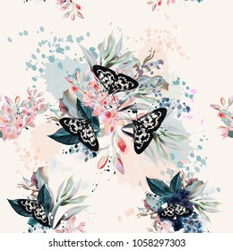 Beautiful artistic pattern with flowers and butterflies in spring peach colors
