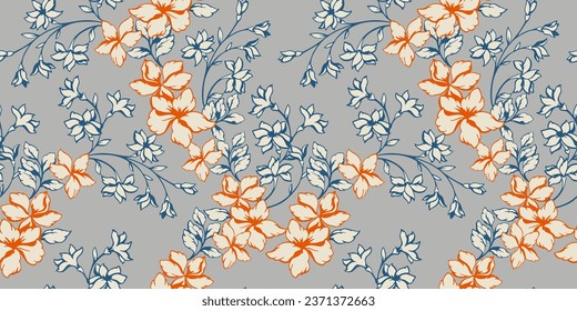 Beautiful, artistic seamless illustration of a wild blooming flowers pattern. Gently, feminine  floral tapestry. Vector hand drawn silhouettes flowers. Template for design, fashion, print