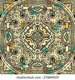 Beautiful artistic seamless pattern. Black doodle ornament on creamy
triangles background. Endless texture for textile, web design, print
