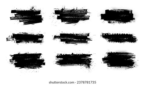 Beautiful artistic texture of ink brush strokes fpr text, callouts. Black dried paint splattered in dirty style. Isolated brushstroke, ink ink stencils for graphic design, text fields. Vector graphic