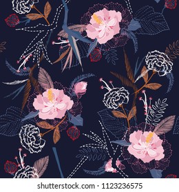 Beautiful artistic tropical flower pattern on sketch line dash seamless pattern vector in the dark night on navy blue background vector Beautiful artistic tropical flower pattern on sketch line dash seamless pattern vector in the dark night on navy blue background vector