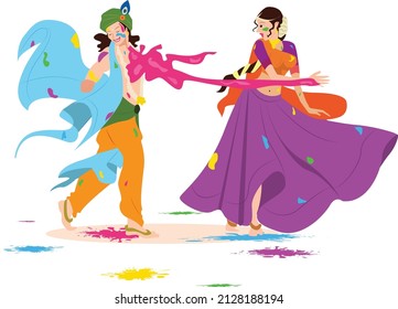 Beautiful artwork of holi festival with radha and krishna playing holi, holi festival template