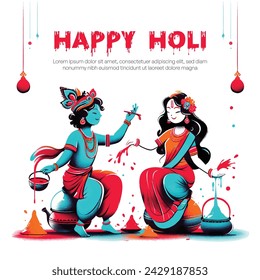 Beautiful artwork of holi festival with radha and krishna playing holi, holi festival template