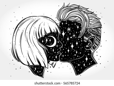 Beautiful artwork of young couple kissing. Outer space on their faces.Boho, tattoo art, spirituality, poster, T-shirt print, romantic love, character design.Isolated vector illustration.