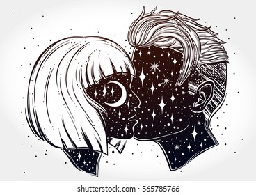 Beautiful artwork of young couple kissing. Outer space on their faces.Boho, tattoo art, spirituality, poster, T-shirt print, romantic love, character design.Isolated vector illustration.