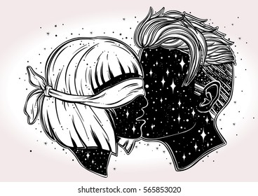 Beautiful artwork of young couple kissing.  Outer space on their faces. Blindfolded woman. Boho, tattoo art, spirituality, poster, T-shirt print, character design. Isolated vector illustration.
