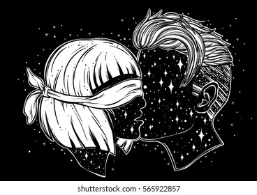 Beautiful artwork of young couple kissing. Blindfolded woman.Outer space on their faces.Boho, tattoo art, spirituality, poster, T-shirt print, romantic, character design.Isolated vector illustration.