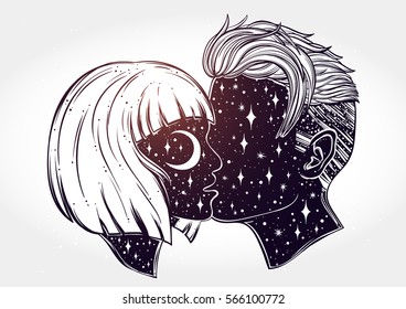 Beautiful artwork of young couple kissing. Outer space on their faces.Boho, tattoo art, spirituality, poster, T-shirt print, romantic love, character design.Isolated vector illustration.