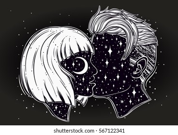 Beautiful artwork of young couple kissing. Outer space on their faces.Boho, tattoo art, spirituality, poster, T-shirt print, romantic love, character design.Isolated vector illustration.