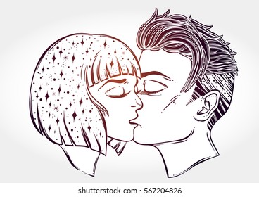 Beautiful artwork of young couple kissing. Outer space on her hair. Boho, tattoo art, spirituality, poster, T-shirt print, romantic love, character design.Isolated vector illustration.