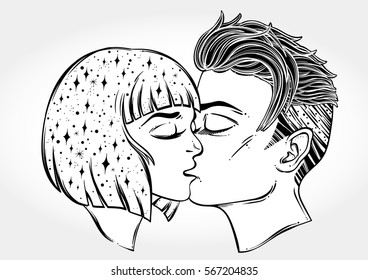 Beautiful artwork of young couple kissing. Outer space on her hair. Boho, tattoo art, spirituality, poster, T-shirt print, romantic love, character design.Isolated vector illustration.