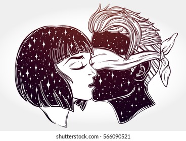 Beautiful artwork of young couple kissing.Blindfolded man.Outer space on girls hair and man's face.Boho, tattoo art, spirituality, poster, T-shirt print,character design.Isolated vector illustration.