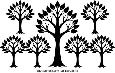 Bela árvore de cinzas conjunto de silhueta isolada ilustração vetor elementos de floresta natural coleção arte