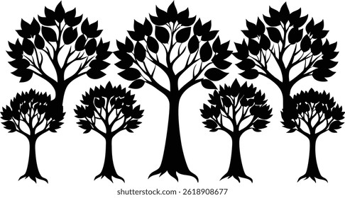 Beautiful Ash Tree Set Isolated Silhouette Vector Illustration Natural Forest Elements Collection Art
