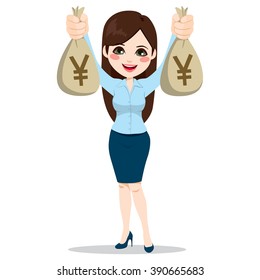 Beautiful Asian Businesswoman Holding Two Big Yen Money Bags Happy