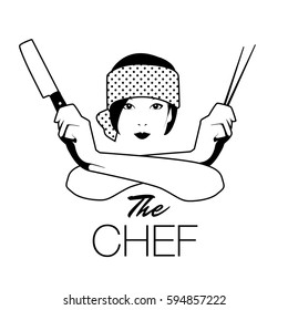 Beautiful Asian cook with typical kitchen tools