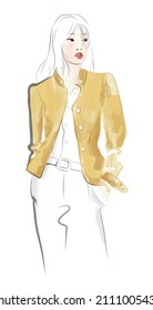 Beautiful asian fashion model posing in yellow jacket against white background - vector illustration (Ideal for printing on fabric or paper, poster or wallpaper, house decoration) 