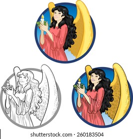 Beautiful Asian female angel with candle vector illustration set cartoon style colored and lineart