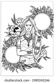 Beautiful Asian girl close up, indian with cheekbones and big lips, with long hair and braided pigtail, in ethnic clothes with ornament and jewelry, in vegetation, leaves and large flowers.