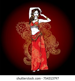 Beautiful Asian girl dancing. Vector illustration. Belly dance. East.