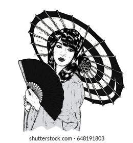 Beautiful Asian girl in kimono and with a fan and umbrella. Vector illustration for a postcard or a poster. Print on clothes. Fashion & Style. Human. Japan and China.