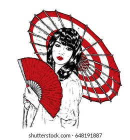 Beautiful Asian girl in kimono and with a fan and umbrella. Vector illustration for a postcard or a poster. Print on clothes. Fashion & Style. Human. Japan and China.